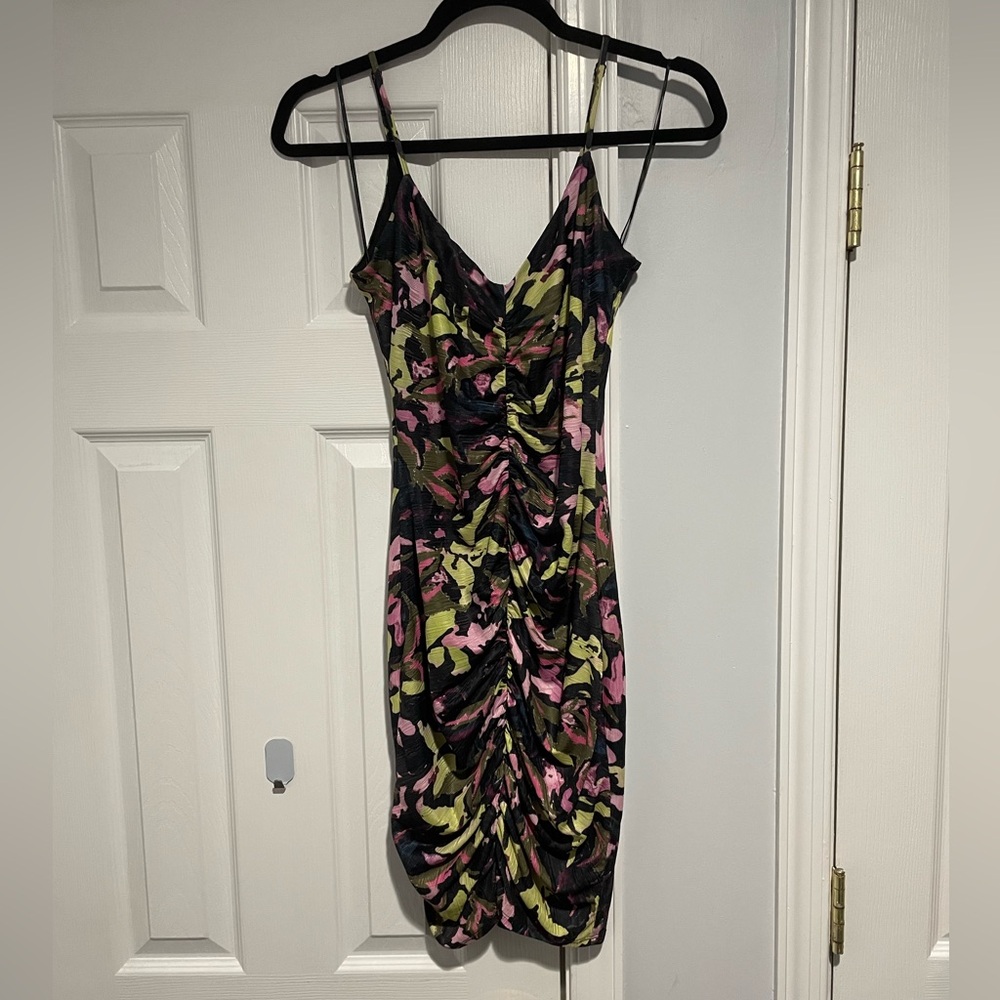 Guess Camo-Print Ruched Slip Dress in Pink & Olive